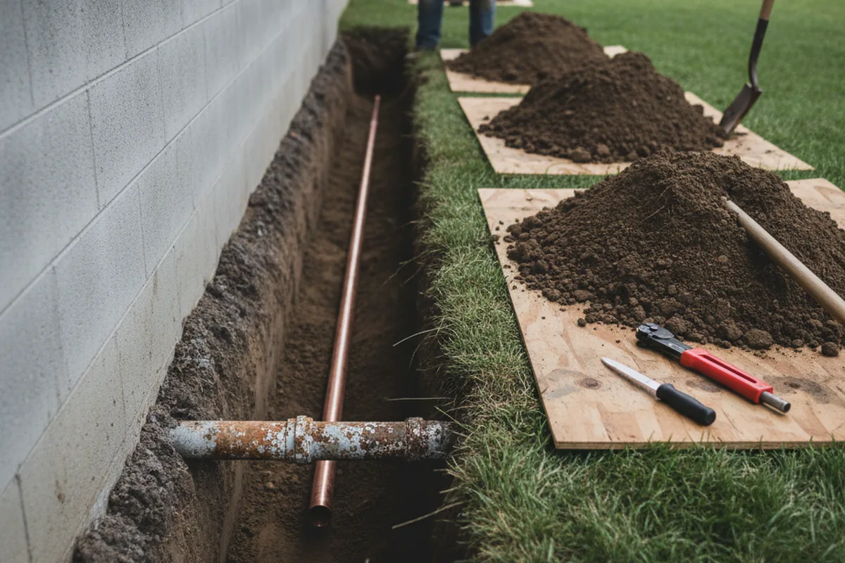 Excavated water line trench during Sewer Line Repair in Webster
